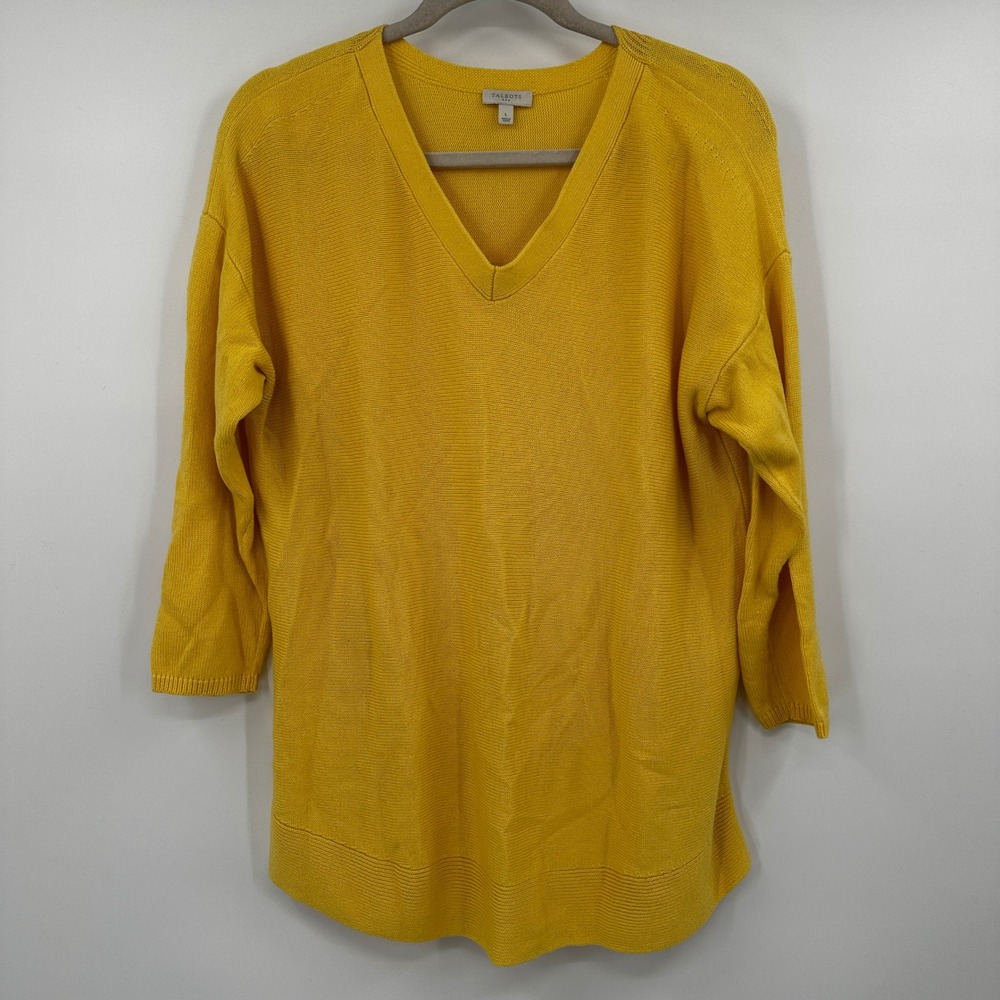 Talbots Yellow V Neck‎ 3/4 Sleeve Ribbed Knit Sweater Tunic Top Large
